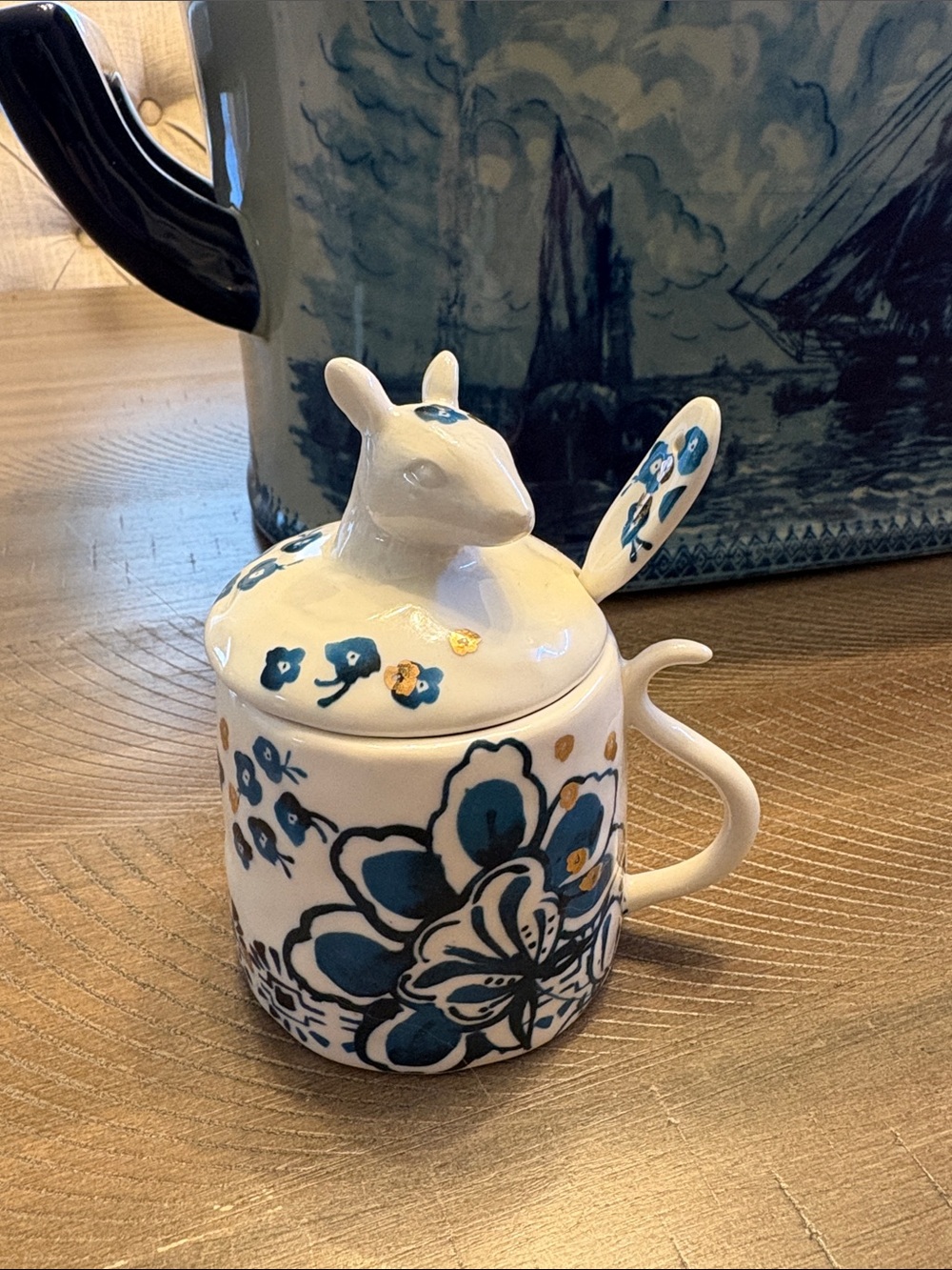 Blue Anthropologie Floral Ceramic Honey or sugar Pot with Spoon and Lid